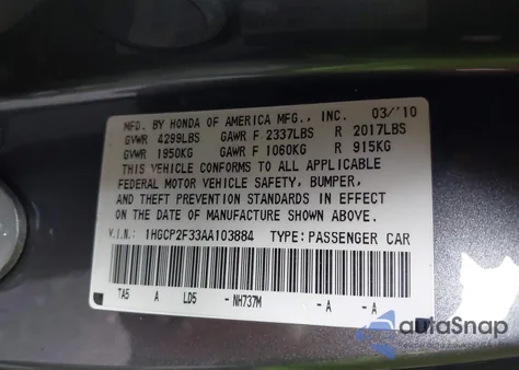 2010 Honda Accord 2.4 Lx from USA, damaged, VIN 1HGCP2F33AA103884
